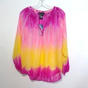 Ronnie Salloway- Pink and Yellow Sheer Flowy Tie-Dye Blouse